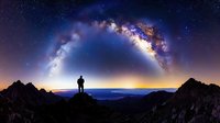 Silhouette of lone person standing on mountain peak under spectacular arching Milky Way galaxy with vibrant stars and cosmic colors in night sky landscape.