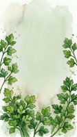 Watercolor parsley sprigs frame isolated background with soft green wash and splatter accents, ready for culinary designs, recipe cards, and herb-themed layouts.