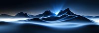 Panoramic mountain landscape with glowing blue light rays emerging between peaks, dramatic foggy valleys and mystical atmosphere at night.
