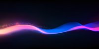 Glowing neon wave with pink and blue gradient colors flowing on dark background, sparkling particles create dynamic motion effect for modern design projects.