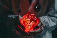 Glowing anatomical heart model held by medical professional in white coat, symbolizing cardiovascular health and cardiac care.