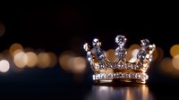 Elegant golden crown with sparkling diamonds and crystals on dark background with bokeh lights, luxury royal jewelry symbol of power and nobility.