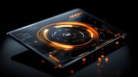 Futuristic digital interface with glowing orange circular elements on dark background, modern technology concept for UI design and data visualization.