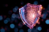 Glowing shield symbol with sparkles against dark background, illuminated in pink and blue neon lights creating magical protection concept for cybersecurity designs.