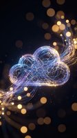 Glowing neon cloud with blue and gold light trails flowing against dark background with bokeh particles, representing digital technology and cloud computing concepts.