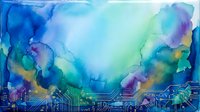 Watercolor cityscape with vibrant blue, green, and purple ink washes blending over urban skyline silhouette. Artistic background for creative projects.