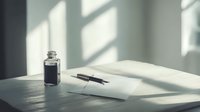 Fountain pen and ink bottle on white paper with dramatic window light and shadows creating minimalist composition for writing or creativity concepts.