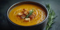 Creamy pumpkin soup garnished with crispy bacon bits and fresh rosemary sprig in dark ceramic bowl against moody background, selective focus.