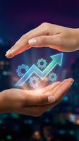 Protective hands holding glowing growth arrow with gears symbolizing business development, innovation and strategic planning for corporate success.