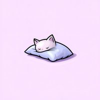 Cute sleeping white cat character resting on soft blue pillow against pink background, cartoon style illustration for children's designs and nursery decor.