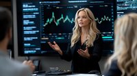 Young blonde businesswoman presenting financial data analysis during corporate meeting with colleagues, market trends and statistics on digital screens background.