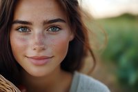Close up portrait of young woman with freckles and natural makeup smiling at camera outdoors during golden hour. Soft natural lighting highlights facial features.