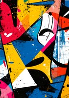 Abstract graffiti style artwork featuring bold geometric shapes and vibrant colors including red, yellow, blue, and black with distressed texture and paint splatter effects.