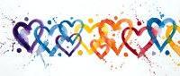 Colorful watercolor hearts border with paint splashes on white background for romantic designs, Valentine's Day cards, wedding invitations and love-themed projects.