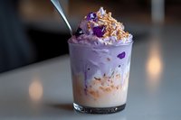 Layered purple smoothie drink topped with coconut flakes and edible flowers in glass on white table, selective focus with blurred background.