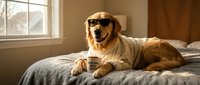 Golden retriever dog wearing sunglasses and white shirt holding coffee mug on bed in sunny bedroom interior for humorous pet lifestyle content.