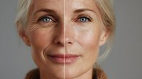 Comparison of mature woman's face showing aging process with wrinkles on left side and smooth skin on right side against neutral gray background.