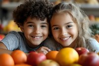 Cheerful children smiling at camera with fresh colorful fruits on wooden table, close up portrait showing healthy eating habits and natural happiness.