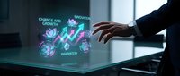 Businessman in dark suit touching holographic display showing growth charts, innovation icons, and digital analytics on glass table in modern office environment.