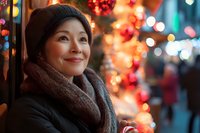 Young Asian woman in winter attire smiling warmly against festive holiday lights and decorations background, creating cozy seasonal atmosphere for greeting cards and advertising.