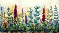 Watercolor garden border with purple and red lupines, green foliage and wildflowers against soft yellow background, botanical floral arrangement for nature designs.