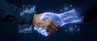 Business handshake with digital technology overlay and data visualization elements representing partnership and innovation in modern corporate environment.