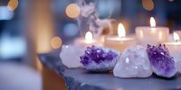Amethyst crystals and burning candles create peaceful spa atmosphere with soft bokeh lights for meditation and wellness rituals.