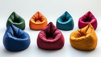 Colorful bean bag chairs arranged in curved formation on white background, comfortable casual furniture for modern interior design and home decor.