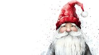 Watercolor gnome with long white beard wearing red pointed hat and gray coat, smiling friendly face with rosy cheeks on white background, Christmas holiday character.