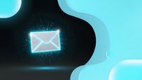 Glowing email envelope icon with light rays on abstract turquoise and black background for digital communication and marketing campaigns.