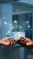 Hands holding glowing digital network mesh with interconnected nodes and lines, representing data connection, technology innovation, and global communication in modern office environment.
