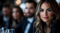 Professional businesswoman with wavy blonde hair at corporate networking event with colleagues in background, business meeting atmosphere.