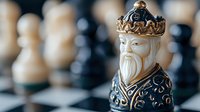 Ornate chess king piece with detailed crown and beard on wooden chessboard with blurred pieces in background. Strategic board game concept for competition and leadership.