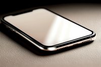 Modern smartphone with blank white screen display lying on textured leather surface in dramatic lighting, creating minimalist composition for technology mockup.