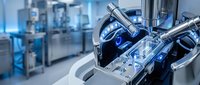 Robotic arm with blue illumination performing precision assembly in modern manufacturing facility with advanced machinery and technology equipment.