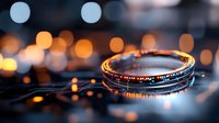 Golden wedding ring with bokeh lights reflecting on glossy surface creates romantic atmosphere, macro photography shows fine jewelry details and warm evening glow.
