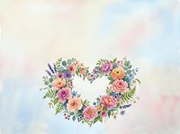 Watercolor floral heart wreath with pastel roses, lavender, and eucalyptus on soft gradient background for wedding or Valentine design.