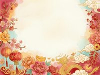 Lunar new year celebration frame with pink peonies, golden lanterns, and dragon motifs on cream background. Suitable for greeting cards and festive designs.