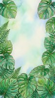 Tropical monstera and fern leaves frame a soft watercolor background in shades of green and blue, creating a botanical border design suitable for invitations, posters, and social media graphics.