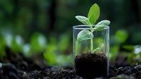 Young green plant seedling growing in glass jar with soil on natural dark background, representing growth, sustainability and new beginnings.