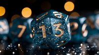 Glittering blue d20 dice with golden numbers on dark background with bokeh lights, macro photography showing intricate details and sparkles for tabletop gaming.