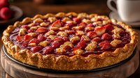 Fresh strawberry tart with golden buttery crust and glazed berries arranged in concentric circles on rustic wooden board, served with coffee cup.