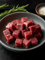 Fresh raw beef cubes on black ceramic plate with rosemary sprigs and sea salt, ready for cooking. Dark moody background highlights meat texture and quality.