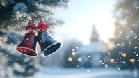 Red and blue Christmas bells with bow decoration hanging on snowy pine branch against blurred winter forest background with falling snow and bokeh lights.