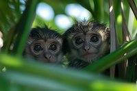 Two adorable baby monkeys with large expressive eyes hiding together among lush green tropical foliage in natural jungle habitat.