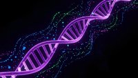 Glowing purple DNA double helix structure with sparkling particles on dark background for biotechnology and genetic research presentations.