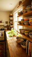 Warm kitchen interior with wooden open shelving displaying colorful ceramic bowls and dishware near a bright window with potted herbs, featuring rustic wood shelves and traditional pottery collection for home decor styling.