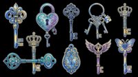 Ornate vintage keys and lock charms isolated on transparent background. Perfect for t-shirt designs, clipart, stickers, print-on-demand products, sublimation crafts, and digital design projects.