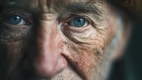 Elderly Caucasian man with piercing blue eyes and deep wrinkles showing wisdom and life experience in close-up portrait for aging and senior lifestyle concepts.