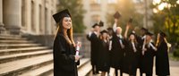 Young Caucasian female graduate in black cap and gown holds diploma, smiling outdoors with celebrating classmates and university building behind her.